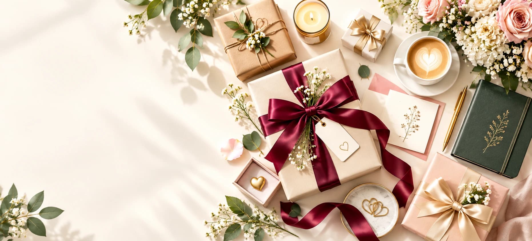 Wrapped gifts with ribbon, fresh flowers, a candle and a mug