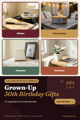 Pinterest pin titled "Grown-Up 30th Birthday Gifts" with four photos: kitchen, patio evening, keepsake and first home.