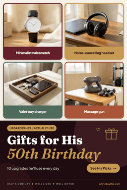 Pinterest pin titled "Gifts for His 50th Birthday" with four photos: minimalist wristwatch, noise-cancelling headset, valet tray charger and massage gun.