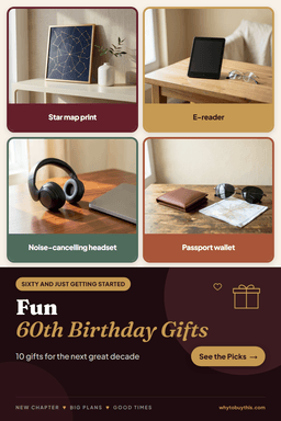 Pinterest pin titled "Fun 60th Birthday Gifts" with four photos: star map print, e-reader, noise-cancelling headset and passport wallet.