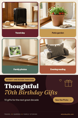 Pinterest pin titled "Thoughtful 70th Birthday Gifts" with four photos: travel day, patio garden, family photos and evening reading.