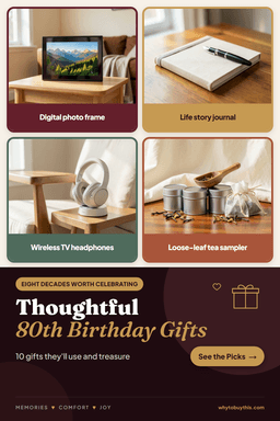 Pinterest pin titled "Thoughtful 80th Birthday Gifts" with four photos: digital photo frame, life story journal, wireless TV headphones and loose-leaf tea sampler.