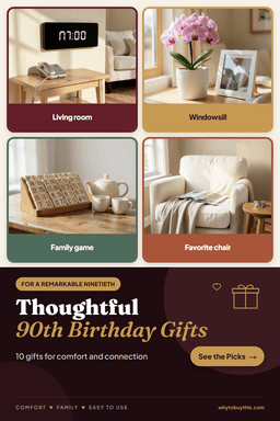 Pinterest pin titled "Thoughtful 90th Birthday Gifts" with four photos: living room, windowsill, family game and favorite chair.
