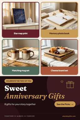 Pinterest pin titled "Sweet Anniversary Gifts" with four photos: star map print, memory photo book, matching mug set and cheese board set.