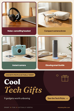Pinterest pin titled "Cool Tech Gifts" with four photos: noise-cancelling headset, compact camera drone, instant camera and glowing smart bottle.