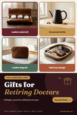 Pinterest pin titled "Gifts for Retiring Doctors" with four photos: leather watch roll, gooseneck kettle, leather dopp kit and valet tray charger.