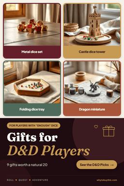 Pinterest pin titled "Gifts for D&D Players" with four photos: metal dice set, castle dice tower, folding dice tray and dragon miniature.