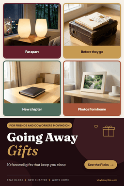Pinterest pin titled "Going Away Gifts" with four photos: far apart, before they go, new chapter and photos from home.