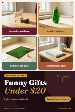 Pinterest pin titled "Funny Gifts Under $20" with four photos: screaming goat figure, yodelling pickle toy, bathroom golf game and joke affirmation book.