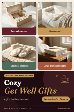 Pinterest pin titled "Cozy Get Well Gifts" with four photos: get-well care box, heating pad, fuzzy non-slip socks and large-print puzzle books.