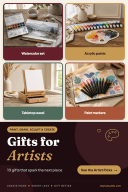 Pinterest pin titled "Gifts for Artists" with four photos: watercolor set, acrylic paints, tabletop easel and paint markers.