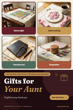 Pinterest pin titled "Gifts for Your Aunt" with four photos: game night, quiet evening, travel journal and keepsakes.