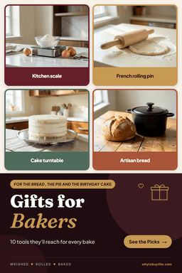 Pinterest pin titled "Gifts for Bakers" with four photos: kitchen scale, french rolling pin, cake turntable and artisan bread.