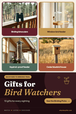 Pinterest pin titled "Gifts for Bird Watchers" with four photos: birding binoculars, window bird feeder, squirrel-proof feeder and cedar bluebird house.