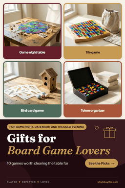 Pinterest pin titled "Gifts for Board Game Lovers" with four photos: game night table, tile game, bird card game and token organizer.