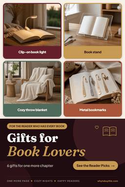 Pinterest pin titled "Gifts for Book Lovers" with four photos: clip-on book light, book stand, cozy throw blanket and metal bookmarks.