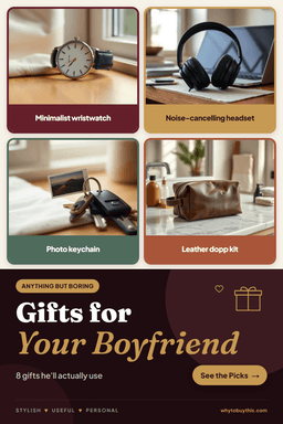 Pinterest pin titled "Gifts for Your Boyfriend" with four photos: minimalist wristwatch, noise-cancelling headset, photo keychain and leather dopp kit.