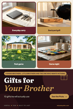 Pinterest pin titled "Gifts for Your Brother" with four photos: everyday carry, backyard grill, park game and game night.