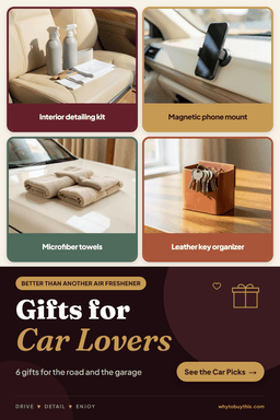 Pinterest pin titled "Gifts for Car Lovers" with four photos: interior detailing kit, magnetic phone mount, microfiber towels and leather key organizer.