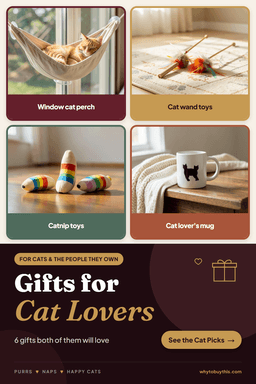 Pinterest pin titled "Gifts for Cat Lovers" with four photos: window cat perch, cat wand toys, catnip toys and cat lover's mug.