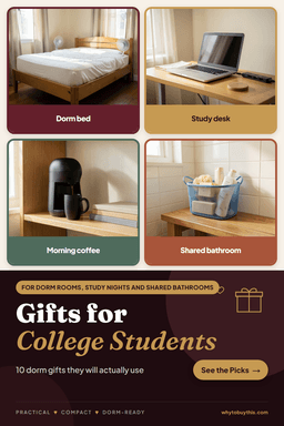 Pinterest pin titled "Gifts for College Students" with four photos: dorm bed, study desk, morning coffee and shared bathroom.