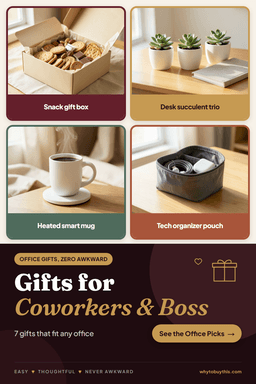 Pinterest pin titled "Gifts for Coworkers & Boss" with four photos: snack gift box, desk succulent trio, heated smart mug and tech organizer pouch.