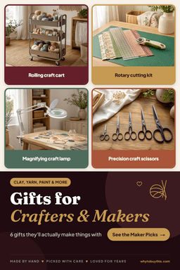Pinterest pin titled "Gifts for Crafters & Makers" with four photos: rolling craft cart, rotary cutting kit, magnifying craft lamp and precision craft scissors.