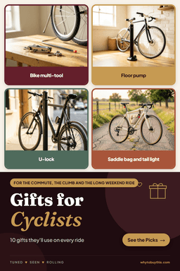Pinterest pin titled "Gifts for Cyclists" with four photos: bike multi-tool, floor pump, u-lock and saddle bag and tail light.