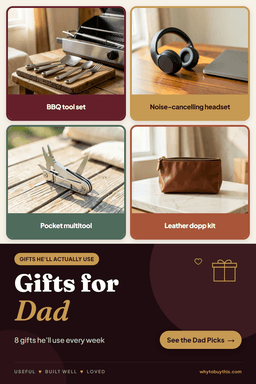 Pinterest pin titled "Gifts for Dad" with four photos: bBQ tool set, noise-cancelling headset, pocket multitool and leather dopp kit.