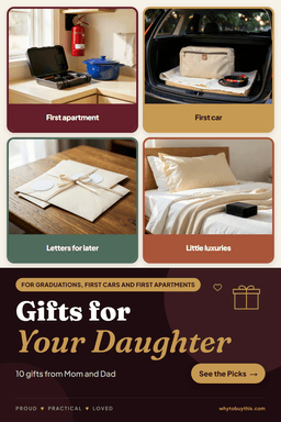 Pinterest pin titled "Gifts for Your Daughter" with four photos: first apartment, first car, letters for later and little luxuries.