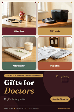 Pinterest pin titled "Gifts for Doctors" with four photos: clinic desk, shift ready, after the shift and pocket kit.