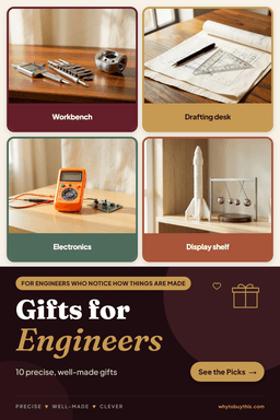 Pinterest pin titled "Gifts for Engineers" with four photos: workbench, drafting desk, electronics and display shelf.