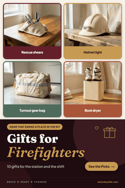 Pinterest pin titled "Gifts for Firefighters" with four photos: rescue shears, helmet light, turnout gear bag and boot dryer.
