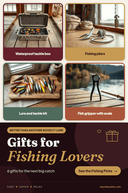 Pinterest pin titled "Gifts for Fishing Lovers" with four photos: waterproof tackle box, fishing pliers, lure and tackle kit and fish gripper with scale.