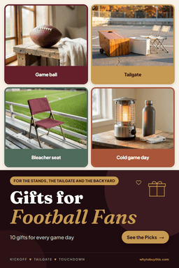 Pinterest pin titled "Gifts for Football Fans" with four photos: game ball, tailgate, bleacher seat and cold game day.