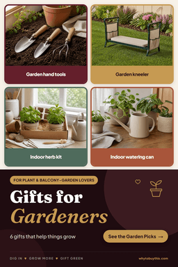 Pinterest pin titled "Gifts for Gardeners" with four photos: garden hand tools, garden kneeler, indoor herb kit and indoor watering can.