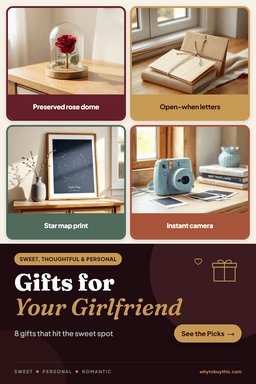 Pinterest pin titled "Gifts for Your Girlfriend" with four photos: preserved rose dome, open-when letters, star map print and instant camera.