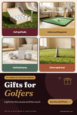 Pinterest pin titled "Gifts for Golfers" with four photos: soft golf balls, indoor putting green, golf ball stamp and divot repair tool.