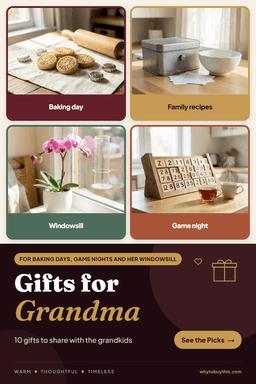 Pinterest pin titled "Gifts for Grandma" with four photos: baking day, family recipes, windowsill and game night.