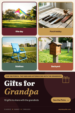 Pinterest pin titled "Gifts for Grandpa" with four photos: kite day, porch hobby, sidelines and backyard.