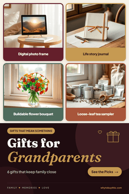 Pinterest pin titled "Gifts for Grandparents" with four photos: digital photo frame, life story journal, buildable flower bouquet and loose-leaf tea sampler.