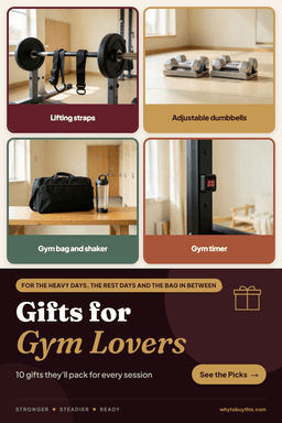 Pinterest pin titled "Gifts for Gym Lovers" with four photos: lifting straps, adjustable dumbbells, gym bag and shaker and gym timer.
