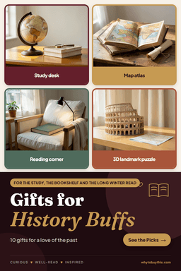 Pinterest pin titled "Gifts for History Buffs" with four photos: study desk, map atlas, reading corner and 3D landmark puzzle.
