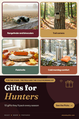 Pinterest pin titled "Gifts for Hunters" with four photos: rangefinder and binoculars, trail camera, field knife and cold morning comfort.
