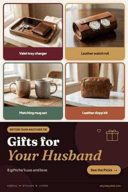 Pinterest pin titled "Gifts for Your Husband" with four photos: valet tray charger, leather watch roll, matching mug set and leather dopp kit.