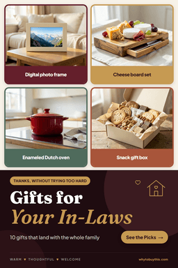 Pinterest pin titled "Gifts for Your In-Laws" with four photos: digital photo frame, cheese board set, enameled Dutch oven and snack gift box.