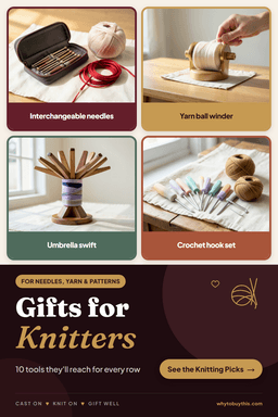 Pinterest pin titled "Gifts for Knitters" with four photos: interchangeable needles, yarn ball winder, umbrella swift and crochet hook set.