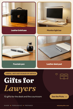 Pinterest pin titled "Gifts for Lawyers" with four photos: leather briefcase, monitor light bar, fountain pen and leather desk pad.
