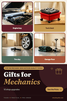 Pinterest pin titled "Gifts for Mechanics" with four photos: engine bay, tool chest, tire day and garage floor.