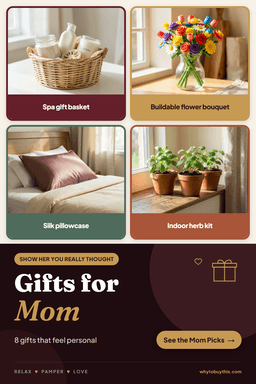 Pinterest pin titled "Gifts for Mom" with four photos: spa gift basket, buildable flower bouquet, silk pillowcase and indoor herb kit.